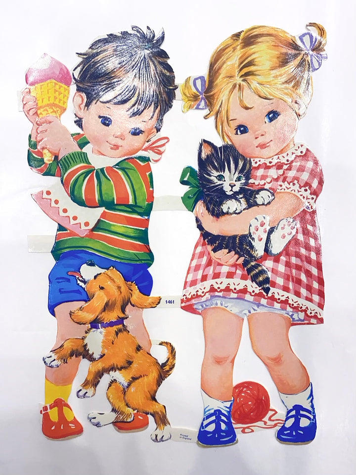 Girl meets Boy with playful pets, vintage stickers, Alistair Allen Reproduction 