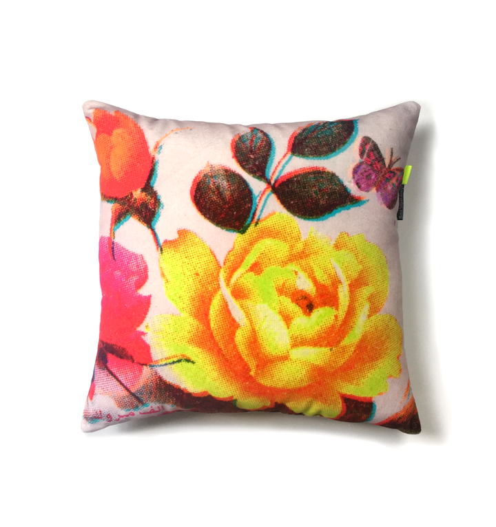 Roses & Butterflies | Yellow | Velvet Cushion - Rana Salam SHOP