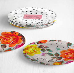 set of six  decorative plates with Damascena  flowers and dots pattern illustrated on