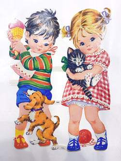 Girl meets Boy with playful pets, vintage stickers, Alistair Allen Reproduction 